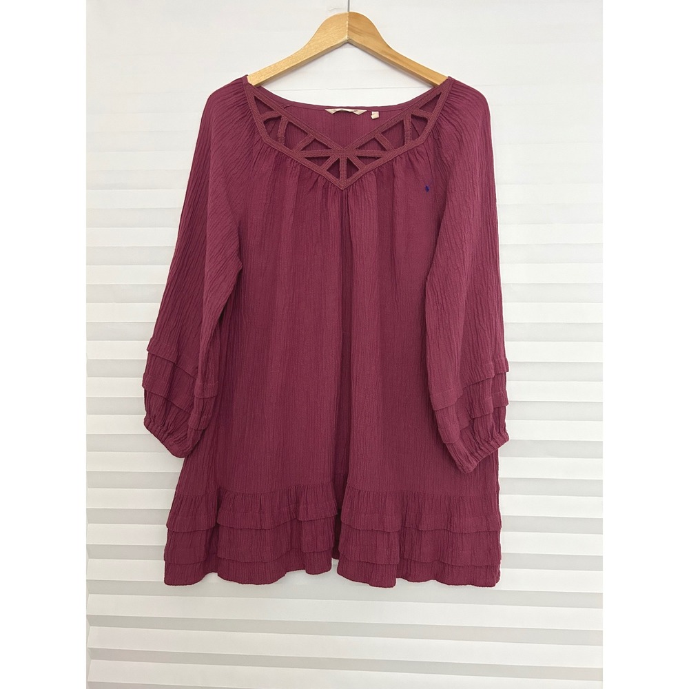 Soft Surroundings Berry Burgundy Ramie Rayon Lattice Neck Ruffle Tunic Top L